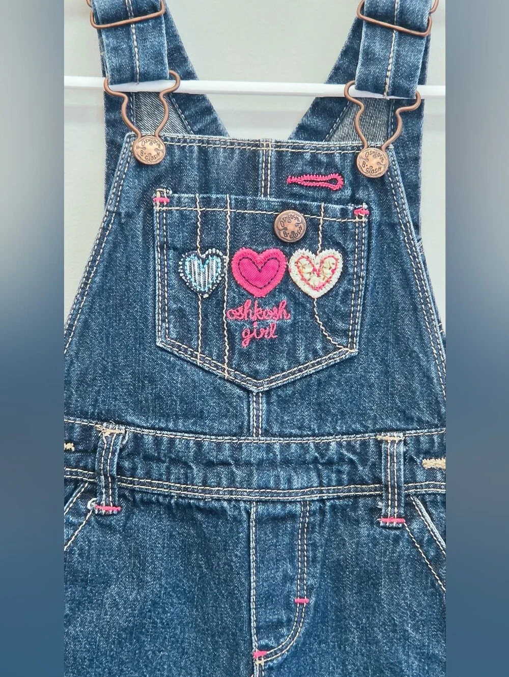 OshKosh B’gosh Girls 12M Denim Overalls Embroidered Hearts Pink
